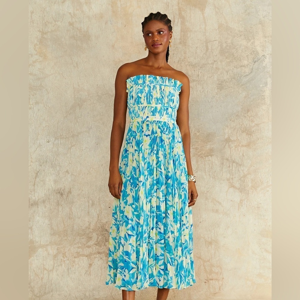 NWT AMUR Scottie Floral Pleated Strapless Midi Dress - True Blue Pansy - size 2